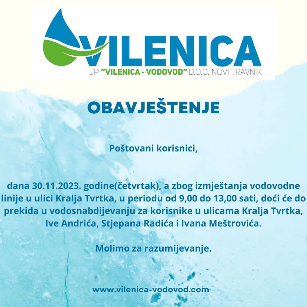 Obavještenje iz JP "Vilenica –Vodovod"