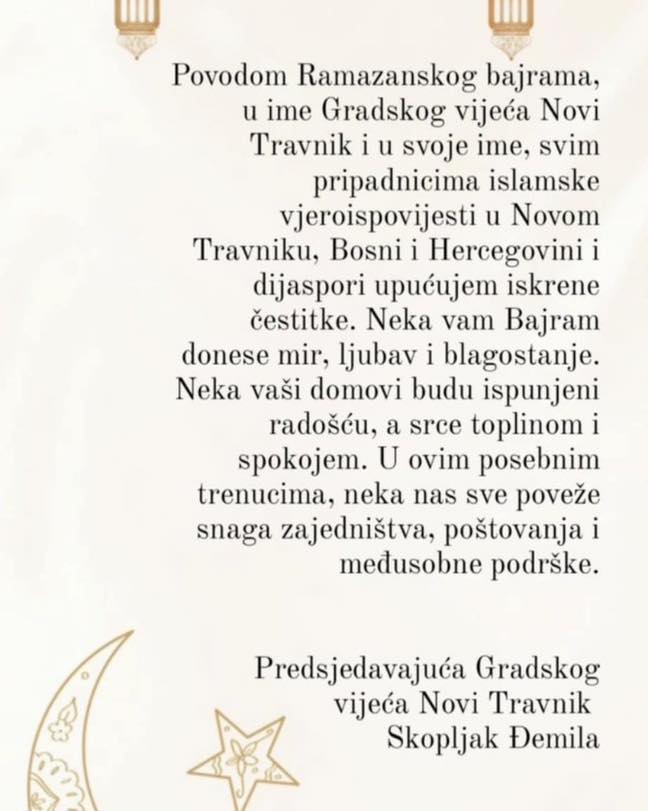 Čestitka predsjedateljice Gradskog vijeća povodom Ramazanskog bajrama